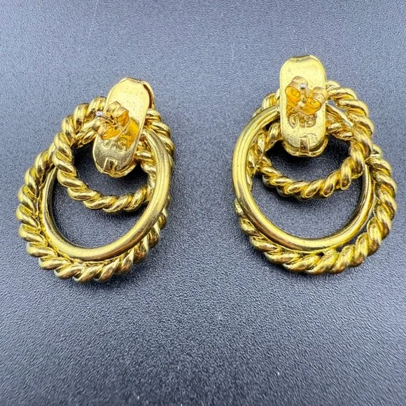 Vintage Gold Tone Hoop Rope Twist Dangle Earrings Signed OS 964 - Picture 6 of 7